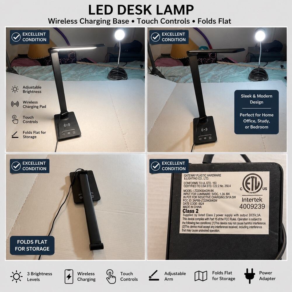Intertek LED Desk Lamp Wireless Charging Pad Touch Control Foldable Black
